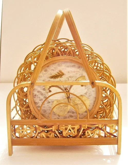 Y469) Vintage oriental Bamboo butterfly wing 6 drinks coasters with stand
