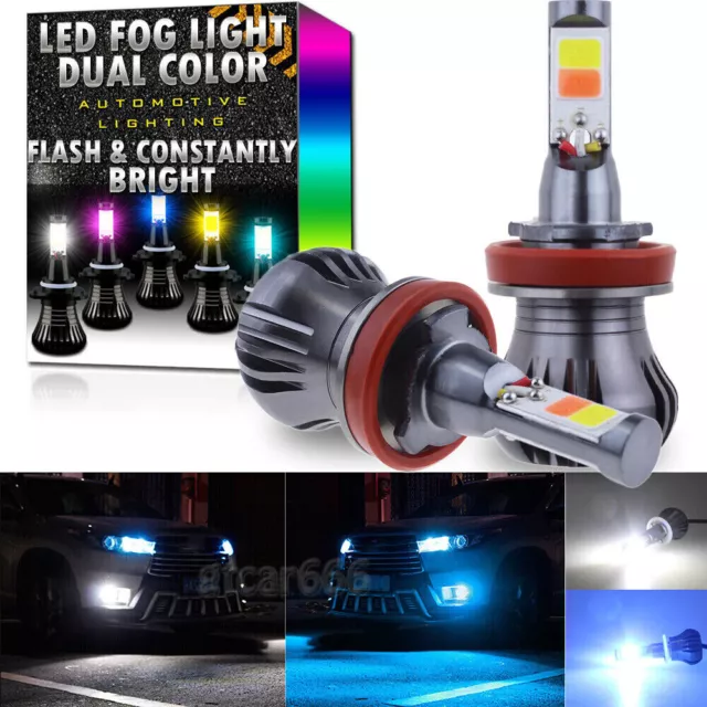 2X H11 H8 H9 H16 LED DRL Fog Light Bulb Dual Color Strobe Flash White + Ice Blue