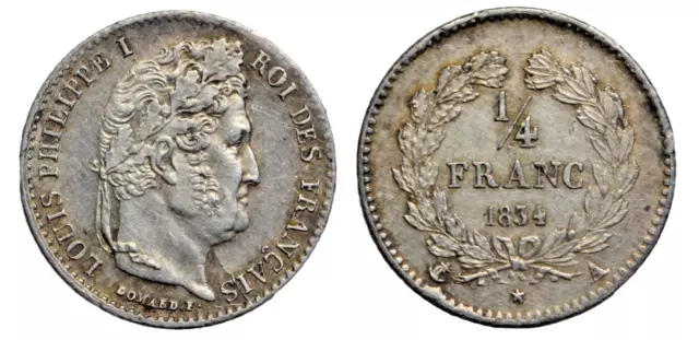 France, Louis Philippe I, silver quarter franc, 1834 A 3
