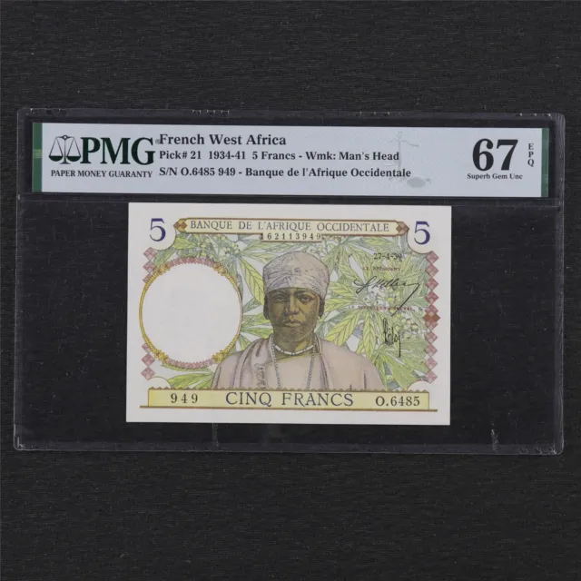 1934-41 French West Africa 5 Francs Pick#21 PMG 67 EPQ Superb Gem UNC