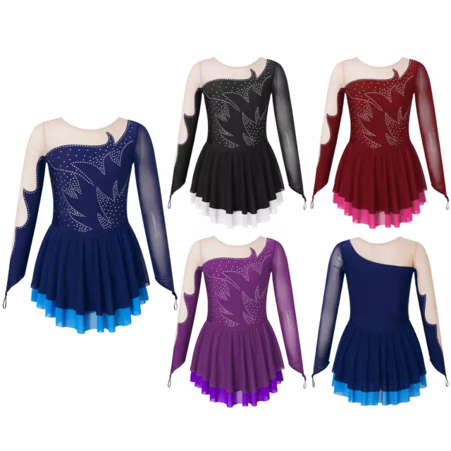 Mädchen Strass Eiskunstlauf Kleid Rollschuhkleid Langarm Ballettkleid Tanztrikot