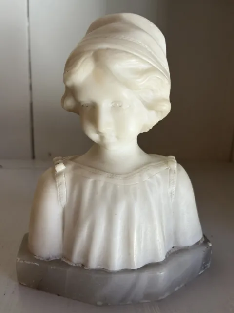 Antique Carved White Alabaster Marble Sculpture Bust Girl Woman 5.75”