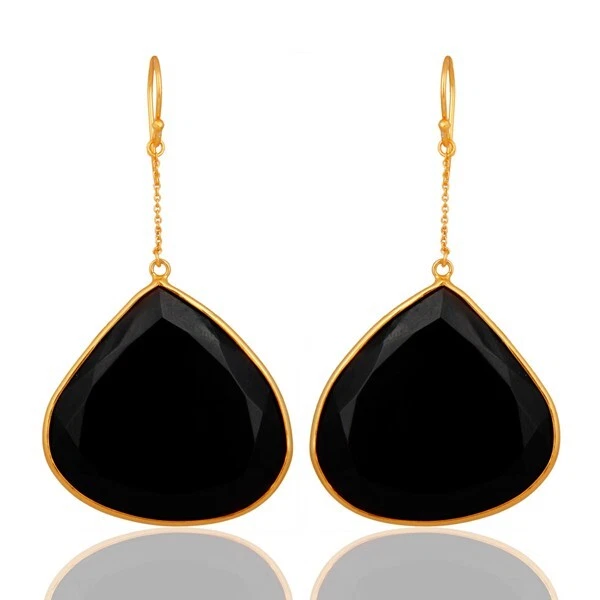 Valentine & Love Chain Hanging Heart Cut Black Onyx (35X35mm) Shape Earrings