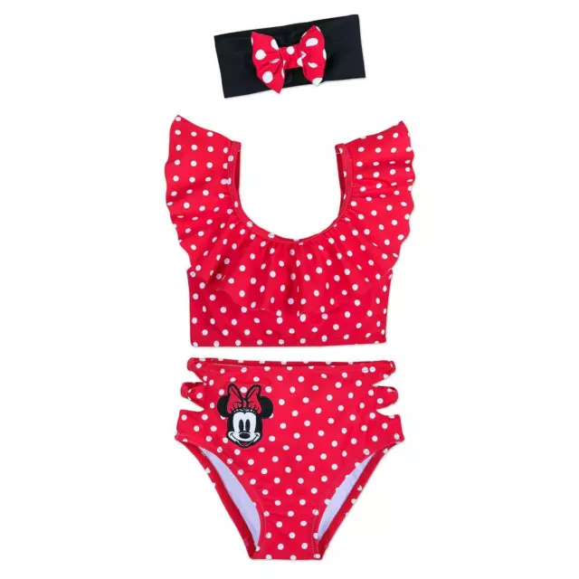 NWT Disney Store Minnie Mouse Deluxe Swimsuit Girls 3 pc UPF 50+ Red 4,7/8,9/10