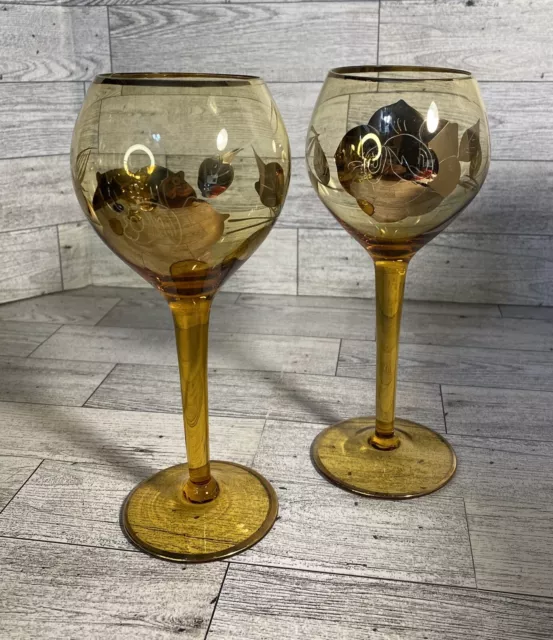 2 Amber Gold Crystal Gilded Rose Red Wine Glasses vintage topaz Czech 10 Oz