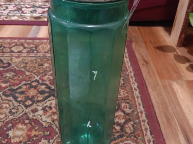 Vtg Canister Jar Dark Emerald Green Glass SpaghettiWire Bail Hinged Lid 12 Panel