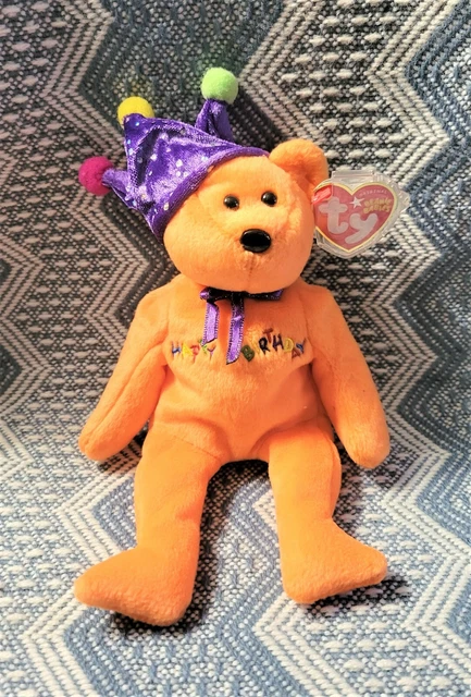 Ty Beanie Baby HAPPY BIRTHDAY the Orange Bear with Hat 9" MINT with MINT TAGS
