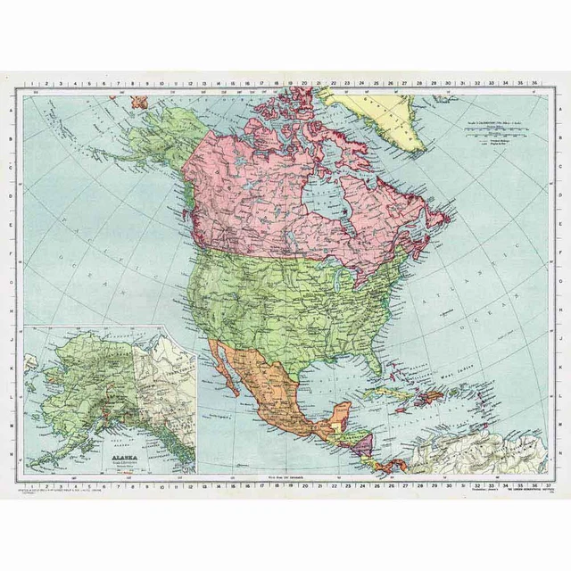 NORTH AMERICA POLITICAL Map inc Alaska inset - Vintage Map 1945 £8.99 ...