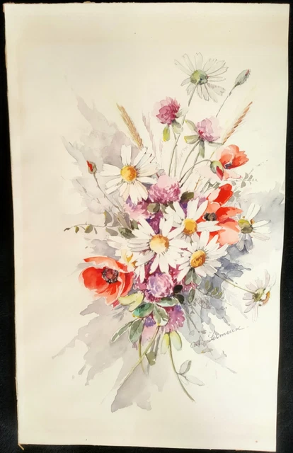Aquarelle Ancienne Signée Vittorio Guidotti 'Bouquet De Fleurs' - 21,5x16,5 Cm, Originale