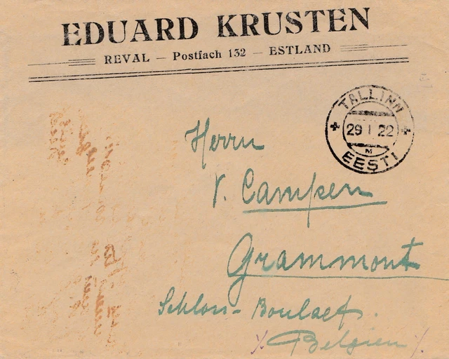 Estland: 1922: Brief von Tallinn nach Belgien