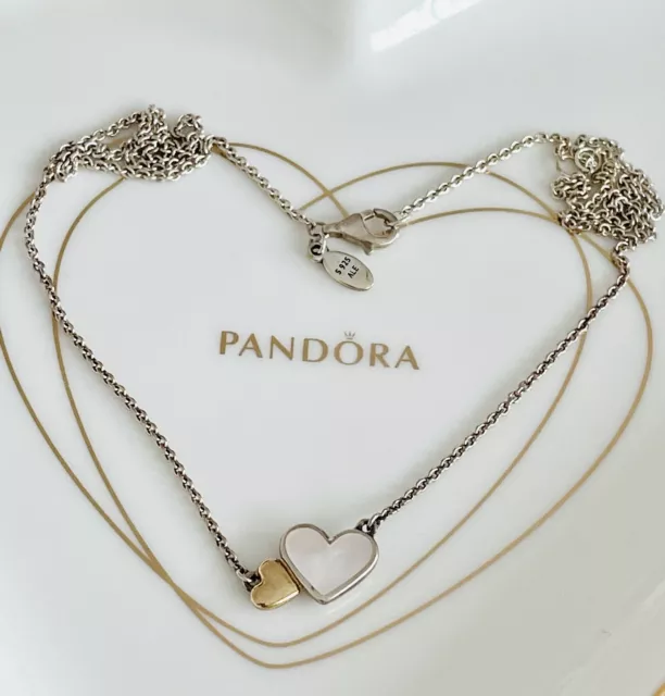 💜 PANDORA *Luminous Hearts* Silver & Gold Mother Of Pearl Necklace 💝🎁
