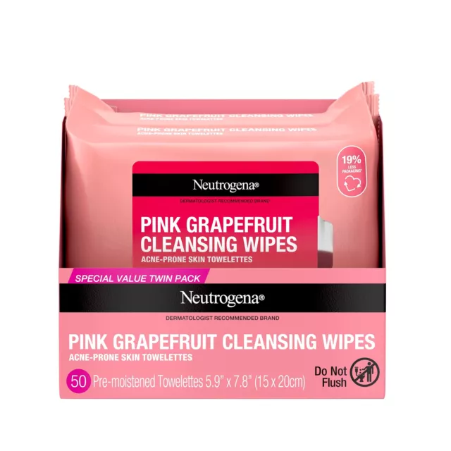 Neutrogena Oil Free Facial Cleansing Makeup Wipes Pink Grapefruit 2 Pack x 25 ct