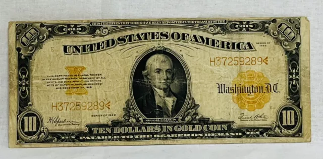 Series of 1922 US Ten Dollar GOLD CERTIFICATE Note, Large Size Serial #H37259289