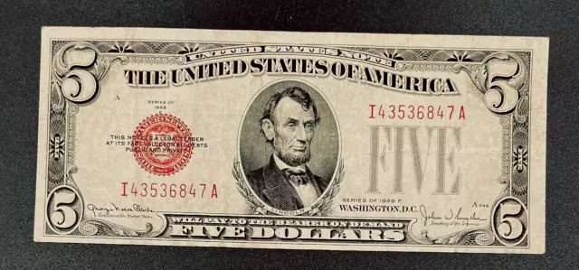 1928 F $5 Five Dollar Bill, Red Seal United States Note, I43536847A, Nice Note!