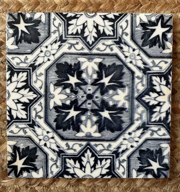 Antique Ceramic 6” x6” Tile Navy & White Floral Geometric Pattern Stamped Welsh?