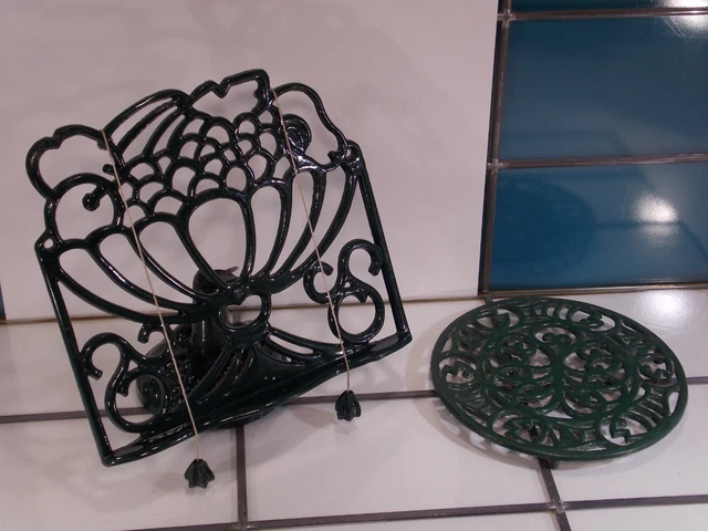 schwer antik Koch Buch Ständer Aufsteller Guss eisen grün+Topf Untersetzer 2,9kg schwer antik Koch Buch Ständer Aufsteller Guss eisen grün+Topf Untersetzer 2,9kg