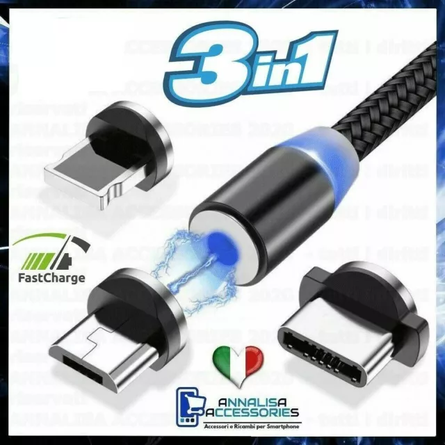 Cavo Ricarica Cellulare Smartphone Magnetico 3 In 1 Tipo Type C Iphone Micro Usb