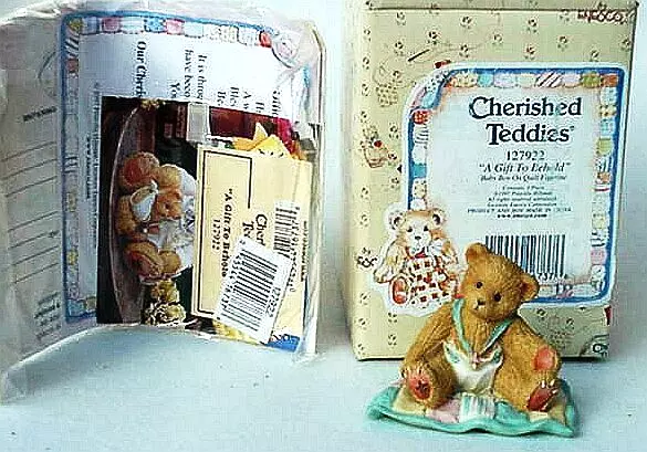 New 1997 Retired Cherished Teddies Baby Bear A Gift To Behold Boy On Quilt 23Yrs