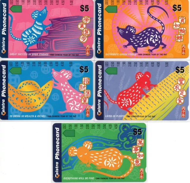 ✨1996 | Australia Telstra Chinese Year of Rat set of 5 | $5 phonecards | VGC✨