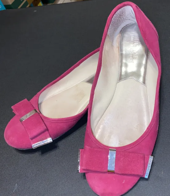 MICHAEL KORS Shoes Sz 7.5 KIERA  Suede Bow Ballet Flats FUCHSIA Silver Accents