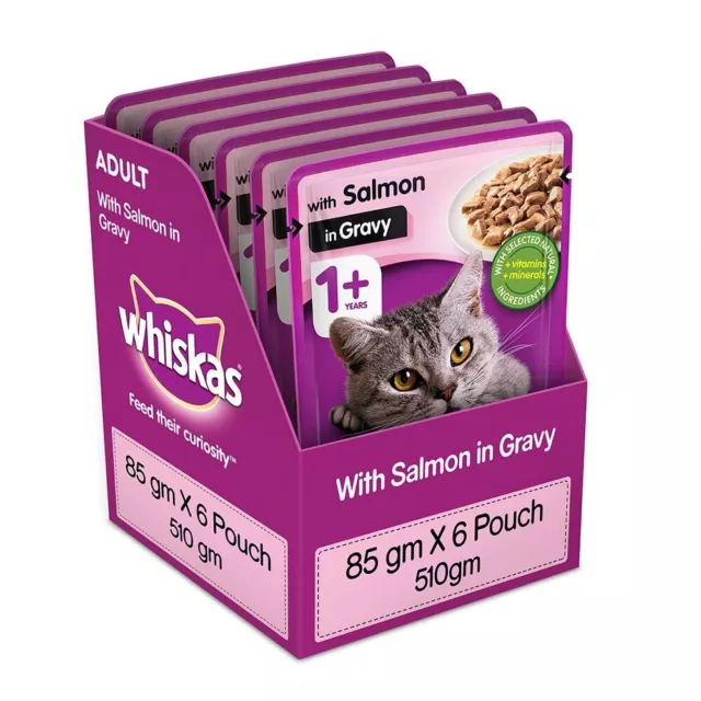 Whiskas Adult (+1 year) Wet Cat Food Food, Salmon in Gravy, 6 Pouches (6 x 85g)