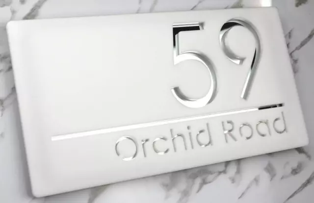 Laser Cut House Plaque Matt White Perspex & Mirrored Numbers 300mm x 160mm