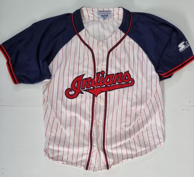Vintage Starter Jersey Shirt Cleveland Indians Pinstripe Size XL White