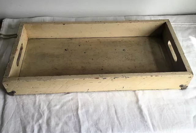 Old Wooden Rustic Industrial Tray. Cut handles and metal strengthened corners.
