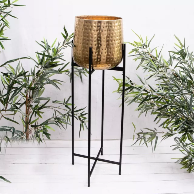 Large Gold Hammered Flower Pot Indoor Planter on Metal Black Stand  