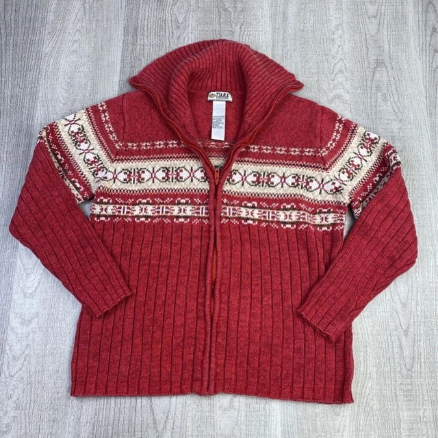 Tiara International Womens Sweater Jacket Red Geometric Long Sleeve Mock Neck M