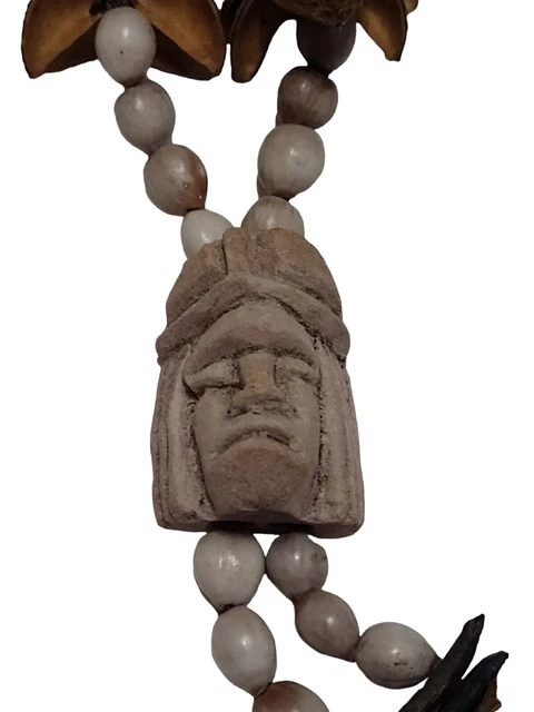 Vintage Aztec Mayan Clay Face Nicker Nut Necklace Pendant Handmade Mexico Tribal