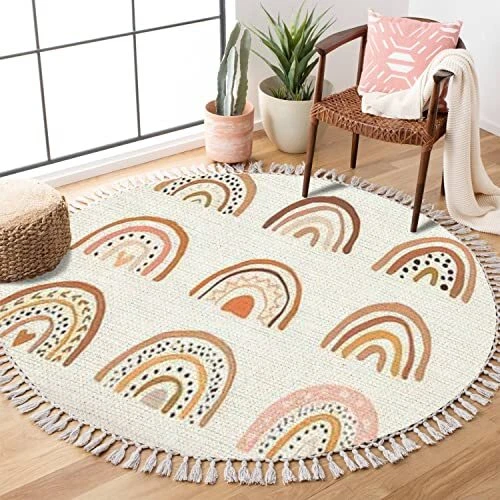 Round Boho Rug Hand Drawn Rainbows Cute Set in Pastel and Earthy Colors