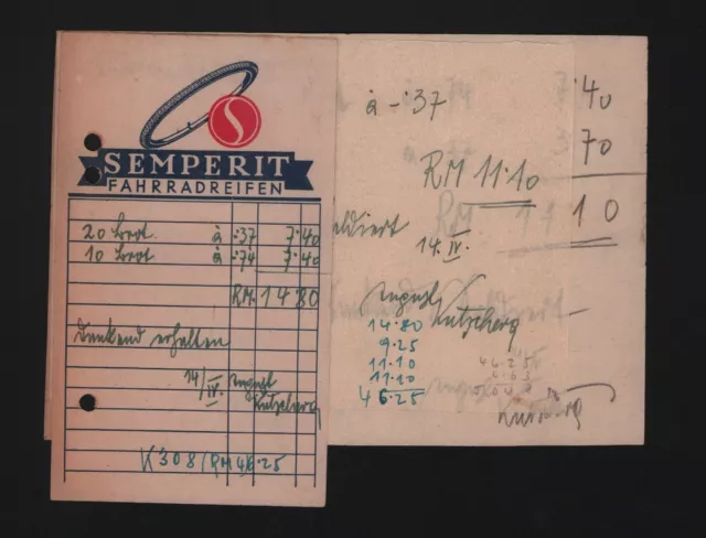 WIEN, Quittung 1939, Semperit Gummi-Werke AG Fahrrad-Reifen