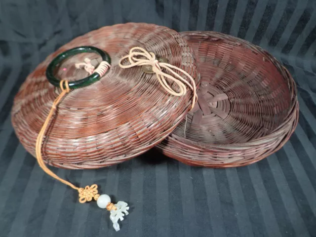 Vintage 1940'S CHINESE 7 1/2" WICKER SEWING BASKET TASSEL COIN & RING - China