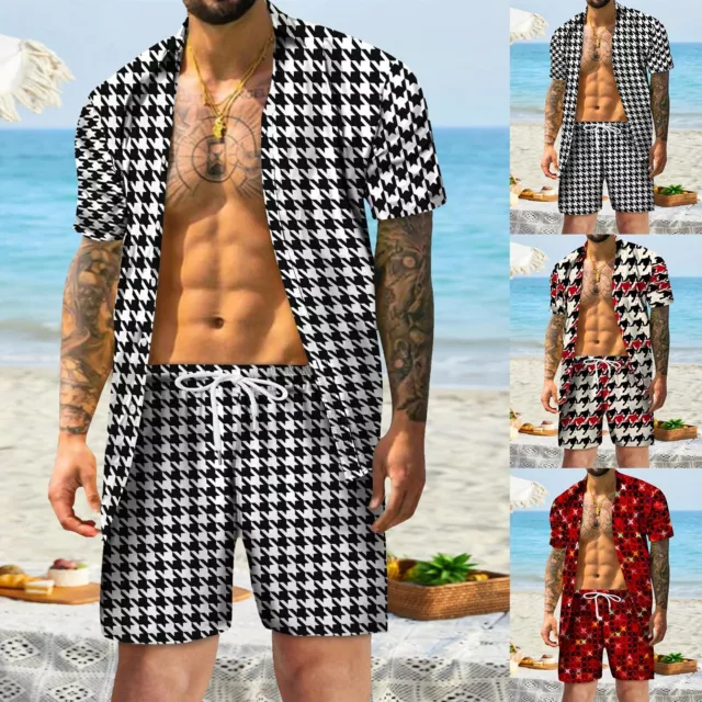 Mens Spring Summer Casual Beach Casual Buttoned Short Sleeve Shirt Printed