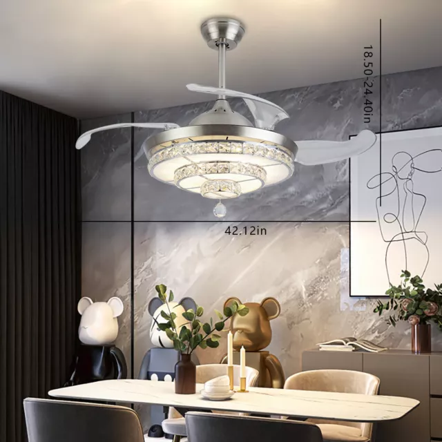 Invisible 42" Ceiling Fan Light +Remote LED Crystal Chandelier Retractable Blade