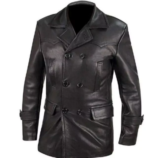 German Coat Double Breasted Leather Peacoat Military Belted Black Leather Jacket