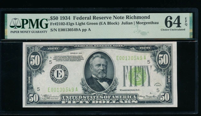 AC 1934 $50 Richmond LGS light green seal FRN PMG 64 EPQ Fr 2102-E top pop 1/0