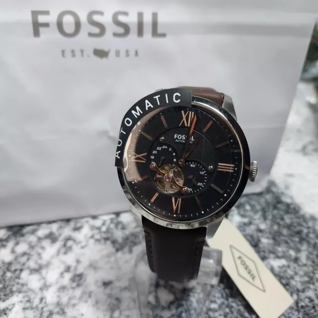 Fossil Men's Automatic Townsman Brown Leather Strap Watch 44mm ME3061