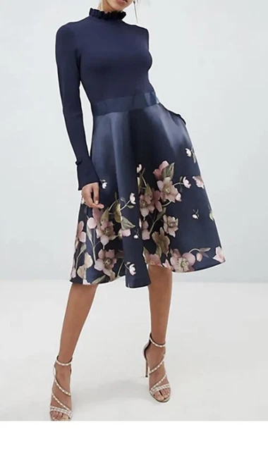 TED BAKER SEEMA Navy Arboretum Floral Bow Midi Fit Flare Dress Size 2 10 112.00 PicClick UK