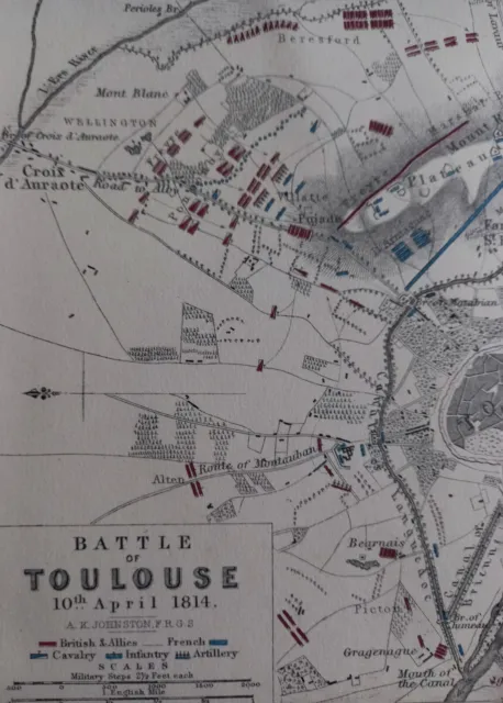 1855 Battle of Toulouse. Antique map. Napoleonic Wars. Duke of Wellington.