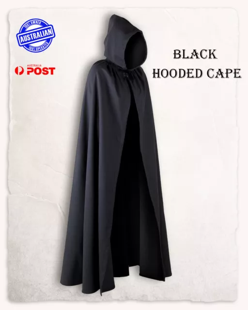 Adult Black Hooded Cape Robe Cloak Vampire Witch Wizard Halloween Costume