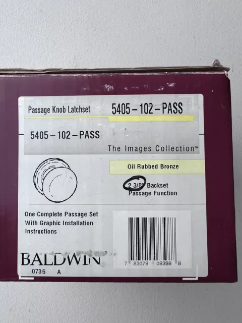 Baldwin Passage Knob Latchset Oil Rubbed Bronze for 2-3/4" Backset 5405-102-PASS