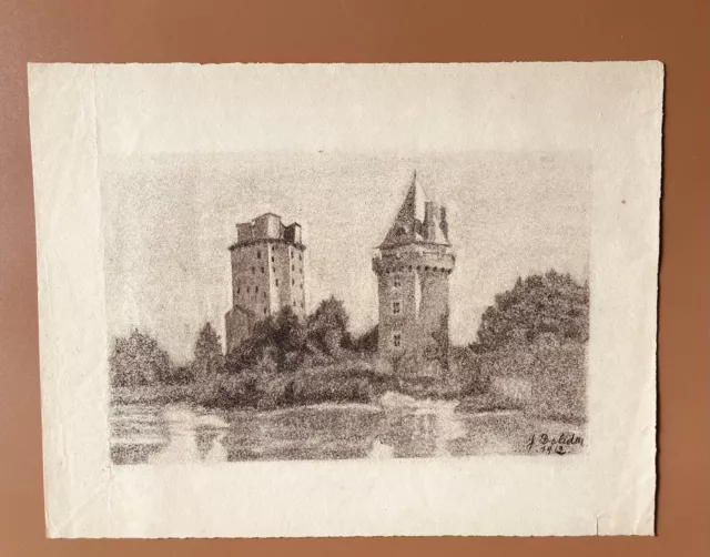 Dessin signé et dédicacé de Pierre-Joseph Dolidon en 1912 château tour