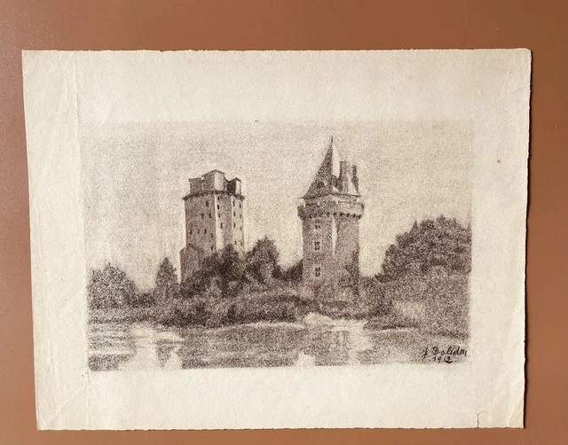 Dibujo Firmado Y Firmada De Pierre-Joseph Dolidon De 1912 Castillo Torre