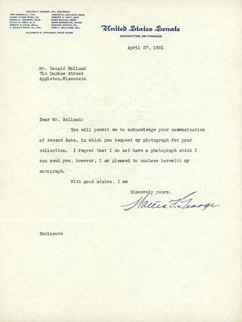 Senator Walter F. George Signed Letter