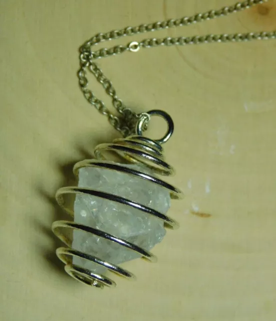 Handmade CLEAR QUARTZ Crystal Pendant Wire Wrapped Spiral Cage Pendant Necklace