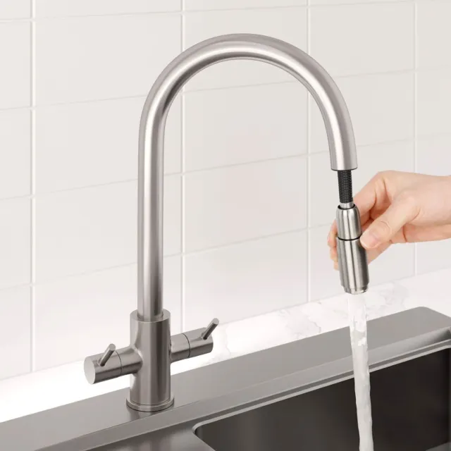 Pull Out Kitchen Mixer Tap Brass Double Lever Spout Brushed Nickel Finish Modern