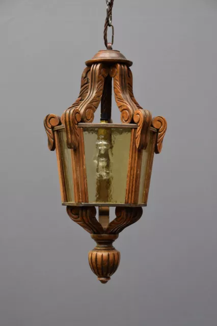 Vintage light fixture, ceiling light, Hall lantern carved wood, mid 20th century