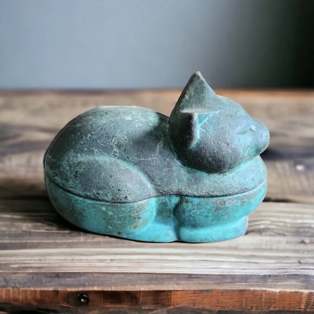 Vintage Decorative Cast Iron Lead Egyptian Style Sleeping Cat Trinket Box